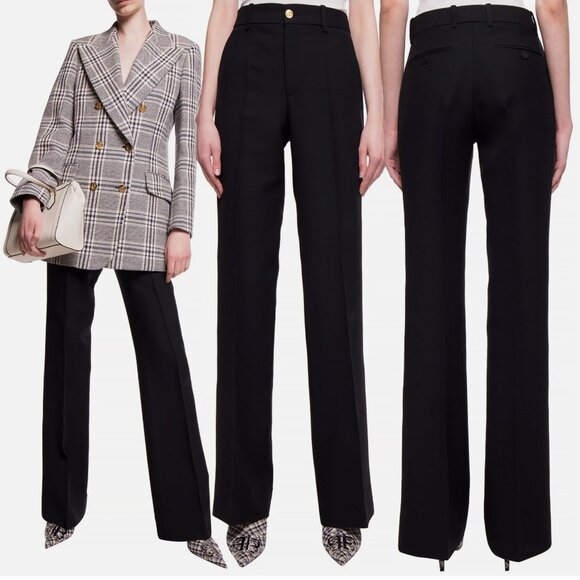 GUCCI PANTS BLACK SILK WOOL CREASED TROUSERS w LOGO BUTTON sz IT 44 US 8 - Picture 3 of 14